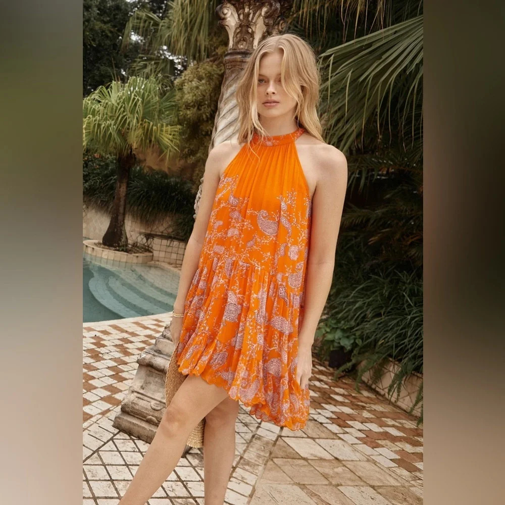 NWT Hemnant & Nandita Paisley Bela Halter Neck High Low Mini Dress Orange Candy - Picture 8 of 13